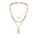 Multilayer Necklace with Heart, and Lock Charms