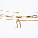 Multilayer Necklace with Heart, and Lock Charms