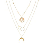 Three Layer Necklace with World Map, Hoops and Moon