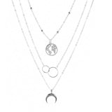 Three Layer Necklace with World Map, Hoops and Moon
